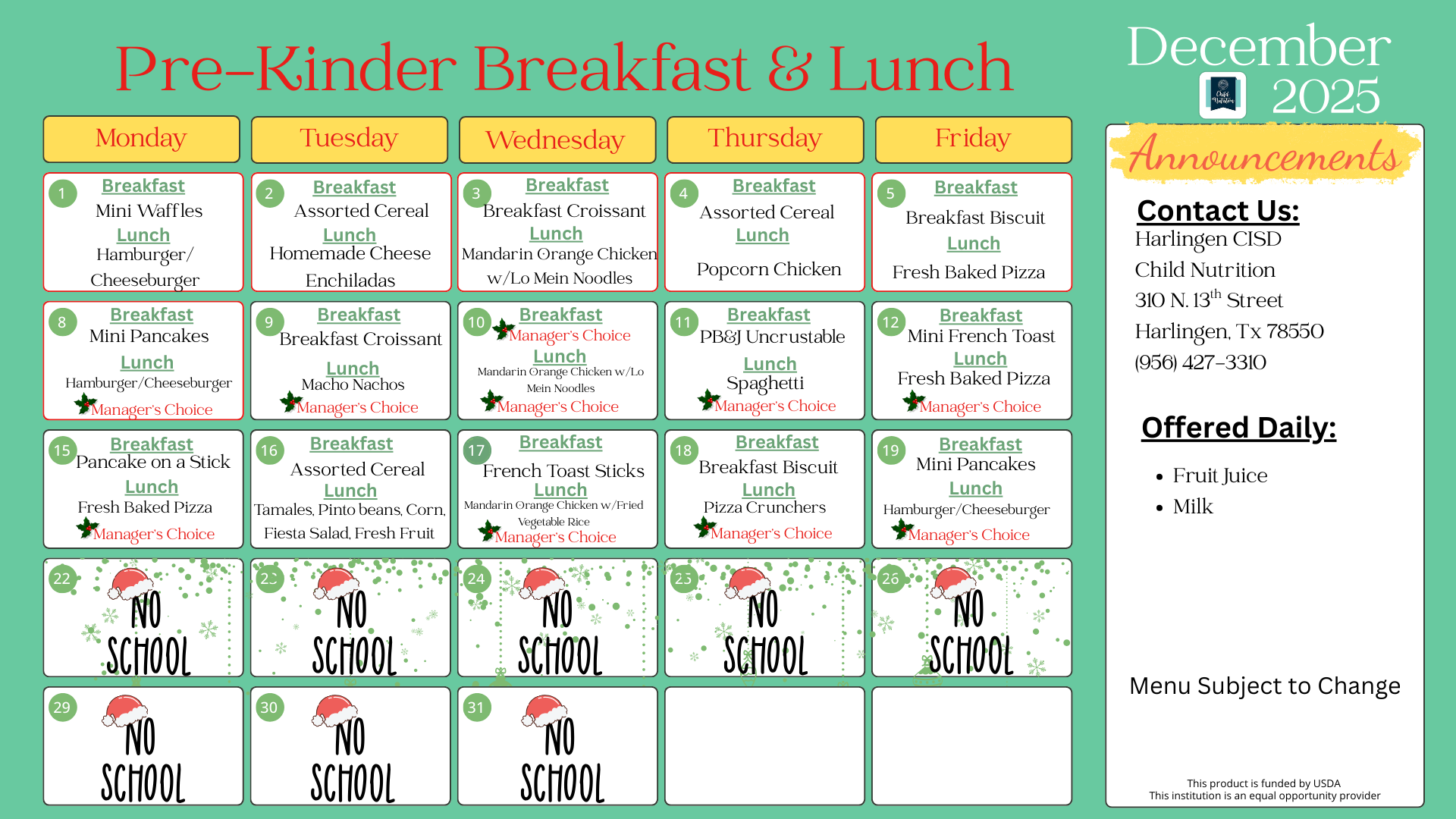 Pre-Kinder/Kinder Updated Menu 12/9/25